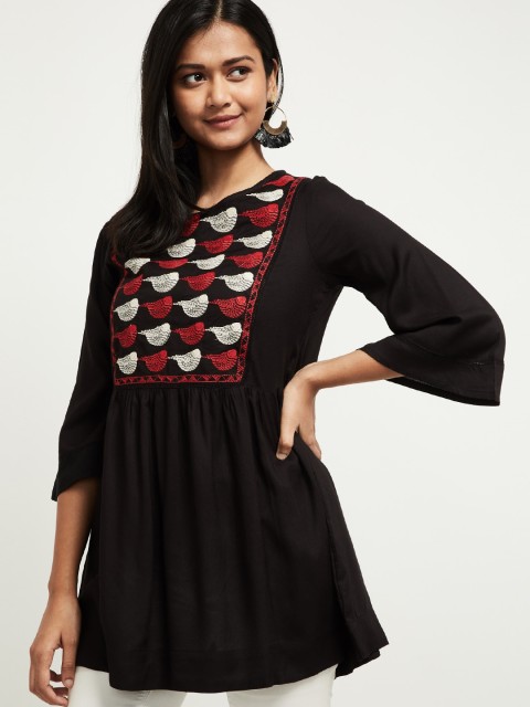 

max Women Black Embroidered A-Line Top