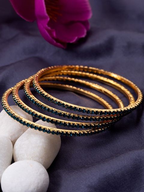 

Voylla Set Of 4 Gold & Blue Square Cut CZ Gems Embellished Bangles