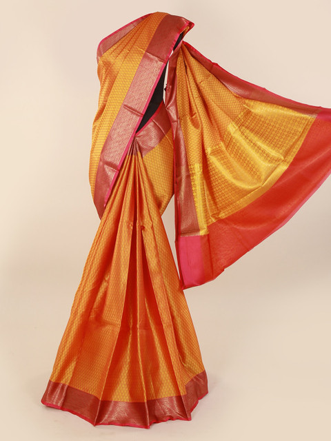 

Pothys Mustard & Pink Cotton Blend Woven Design Saree