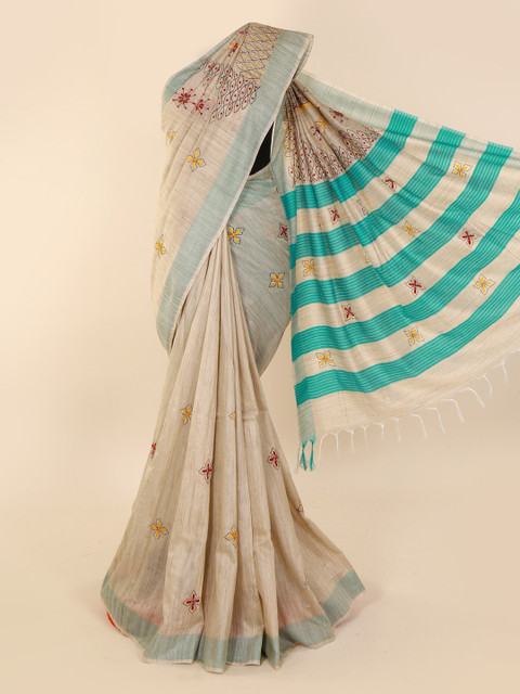 

Pothys Cream-Coloured Embroidered Linen Blend Saree