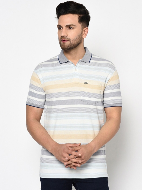 

Duke Men Grey Striped Polo Collar T-shirt
