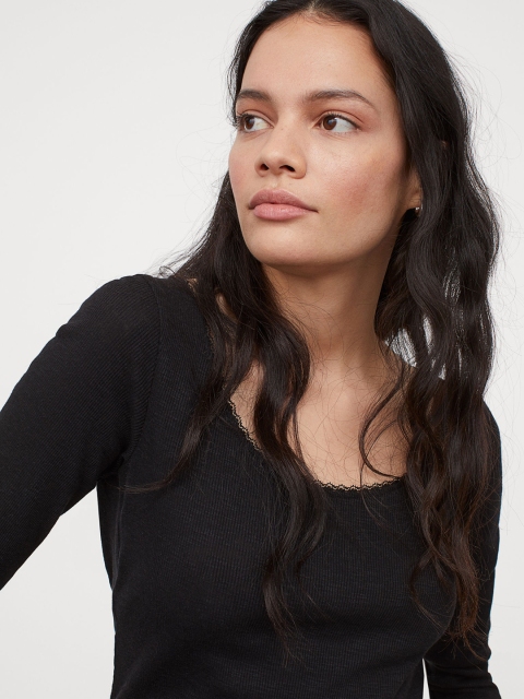 

H&M Women Black Ribbed Modal Blend Top