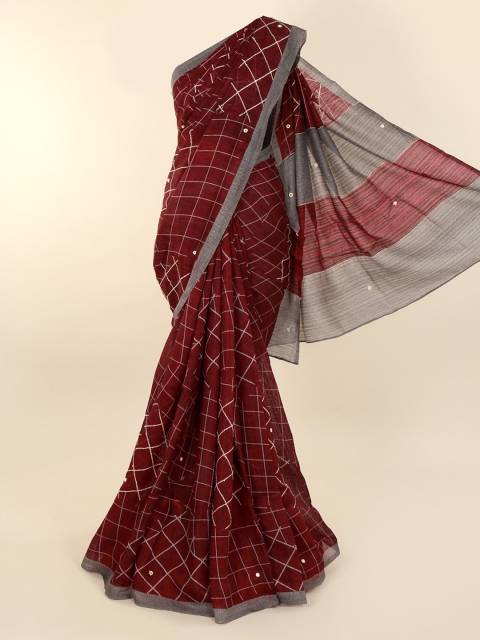 

Pothys Brown & Grey Cotton Blend Checked Saree