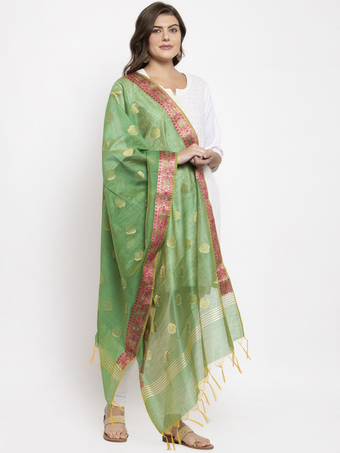 

LOOM LEGACY Women Green & Gold-Coloured Woven Design Jacquard Banarasi Dupatta