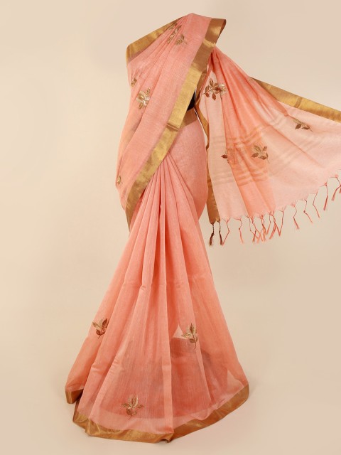 

Pothys Peach-Coloured Embroidered Pure Linen Saree