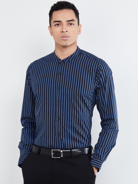 

max Men Navy Blue Slim Fit Striped Casual Shirt