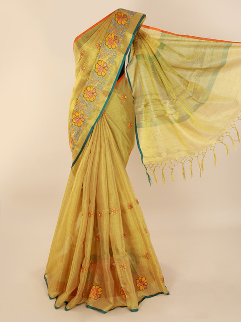 

Pothys Gold-Toned & Blue Tissue Embroidered Saree