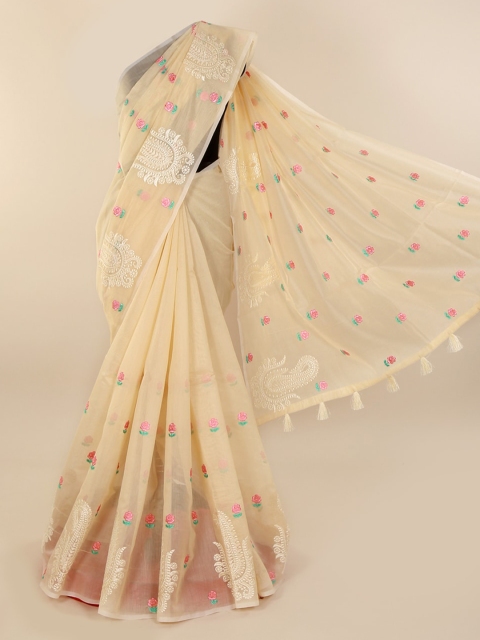 

Pothys Cream-Coloured Embroidered Cotton Blend Saree