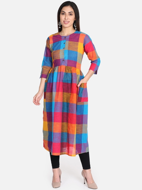 

Resha Women Blue & Orange Checked A-Line Kurta