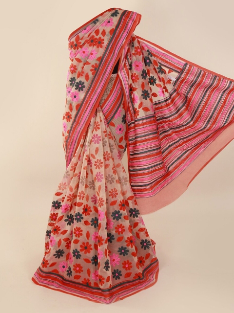 

Pothys Cream-Coloured & Red Supernet Embroidered Saree