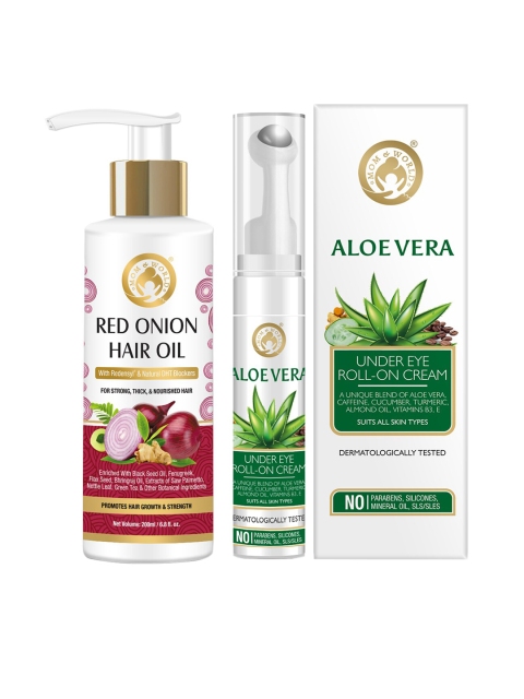 

Mom & World Women Red Onion Hair Oil 200ml & Aloe Vera Under Eye Roll On Cream Combo 215ml, White