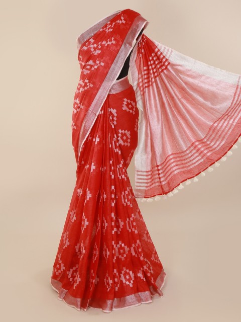 

Pothys Red & Silver-Toned Linen Blend Printed Saree