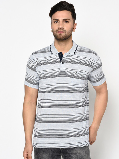 

Duke Men Grey Striped Polo Collar T-shirt