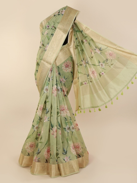 

Pothys Green & Gold-Toned Cotton Blend Printed Saree