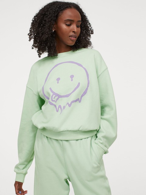 

H&M Women Mint Green & Purple Printed Sweatshirt