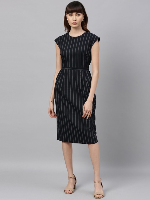 

Park Avenue Woman Navy Blue Striped Sheath Dress