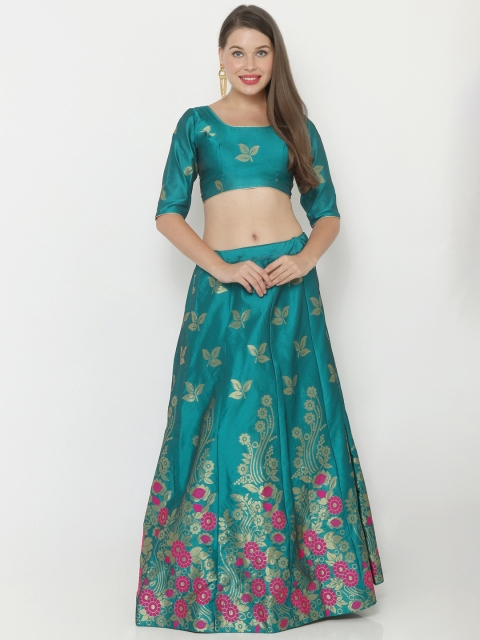 

SALWAR STUDIO Women Blue & Gold Coloured Woven Design Semi Stitched Lehenga with Unstitched Choli