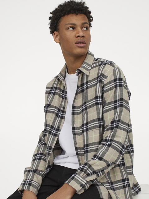 

H&M Men Beige &Grey Checked Cotton Flannel Shirt