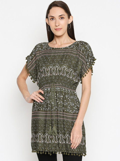 

People Women Olive Green & White Printed Tunic