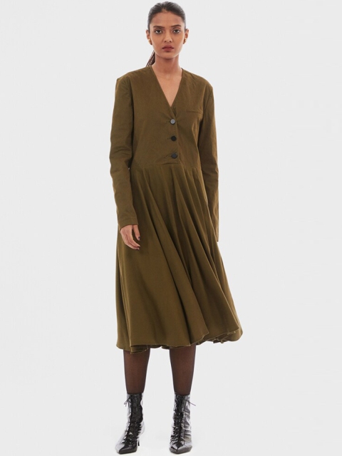 

Bhaane Women Olive Green Solid Fit and Flare Winter Dress