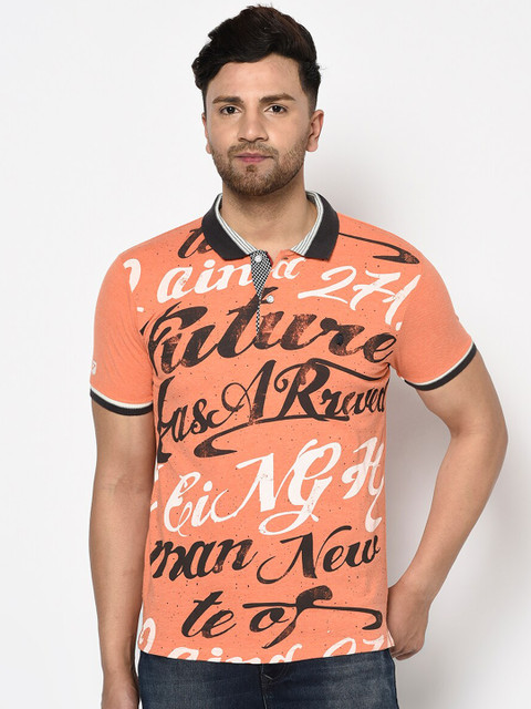 

Duke Men Orange Printed Polo Collar T-shirt