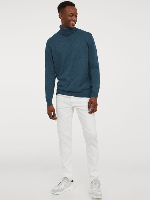 

H&M Men Teal Blue Fine-Knit Cotton Polo-Neck Jumper