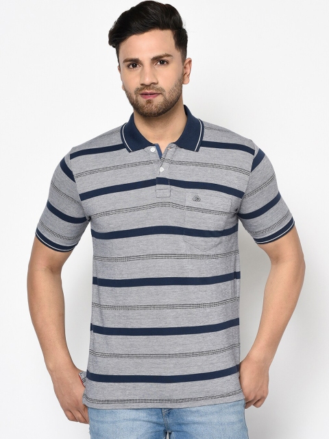 

Duke Men Navy Blue Striped Polo Collar Cotton T-shirt
