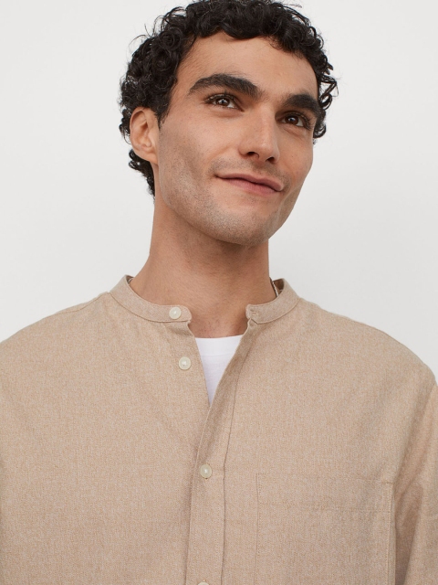 

H&M Men Beige Solid Grandad Shirt Regular Fit