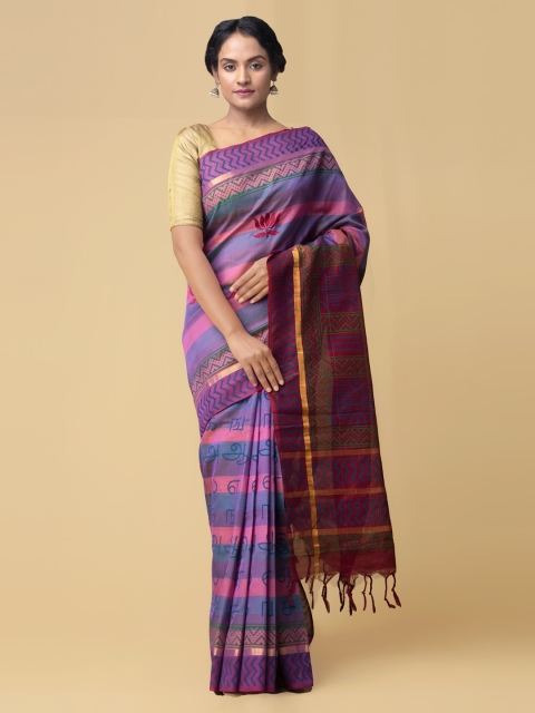 

Unnati Silks Pink & Blue Silk Cotton Printed Uppada Saree
