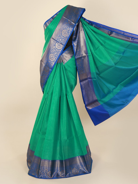 

Pothys Green & Blue Cotton Blend Solid Saree