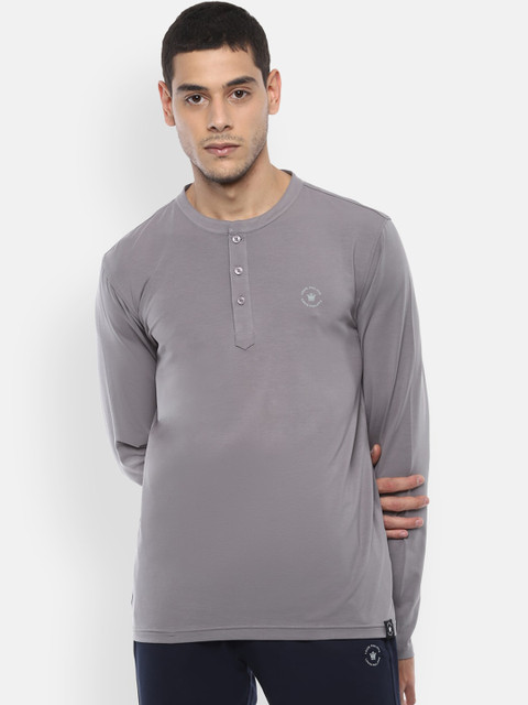 

Louis Philippe Men Grey Solid Henley Neck T-shirt