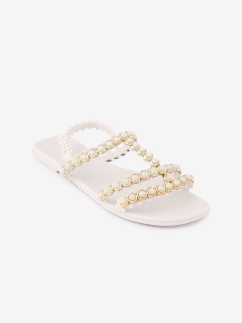 

Jelly Bunny Women White Embellished Leather Open Toe Flats