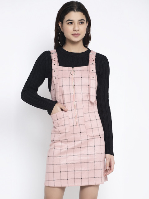 

Global Republic Women Pink Checked Pinafore Dress