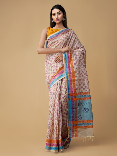 

Unnati Silks Cream-Coloured Pure Cotton Printed Handloom Mangalagiri Saree