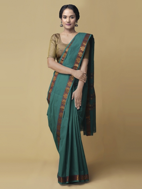 

Unnati Silks Green Pure Cotton Solid Handcrafted Chettinad Saree
