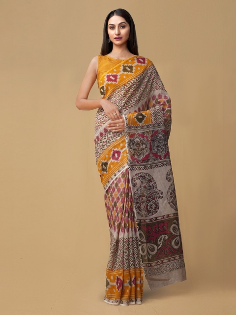 

Unnati Silks Cream-Coloured & Maroon Pure Cotton Printed Handloom Kota Saree