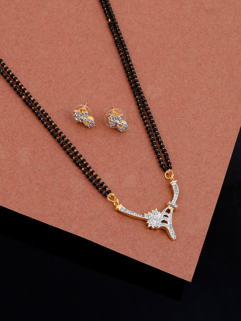 

Silvermerc Designs Gold-Plated Black & White AD-Studded Beaded Mangalsutra With Earrings