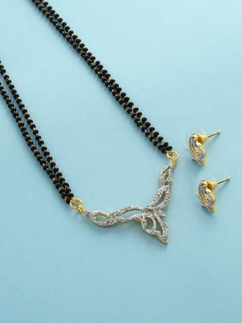 

Silvermerc Designs Gold-Plated Black & White AD-Studded Beaded Mangalsutra With Earrings