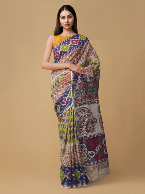 

Unnati Silks Cream-Coloured Pure Cotton Kalamkari Printed Handloom Kota Saree