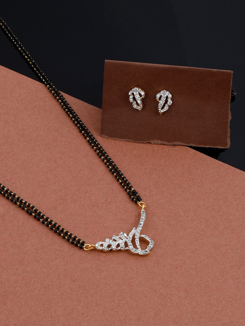 

Silvermerc Designs Gold-Plated Black & White AD-Studded Beaded Mangalsutra With Earrings