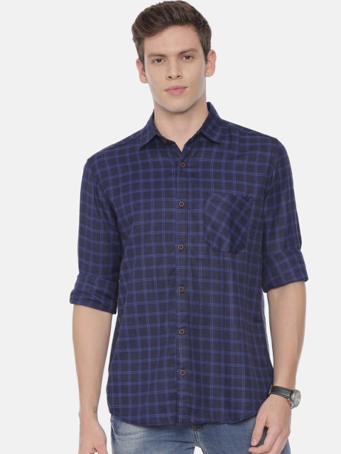 

William White Men Navy Blue Slim Fit Checked Casual Shirt