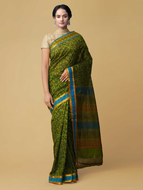 

Unnati Silks Green Pure Silk Checked Mangalagiri Sustainable Saree
