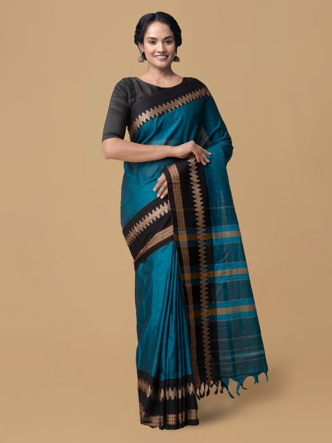 

Unnati Silks Blue Pure Cotton Solid Narayan Peth Handloom Saree