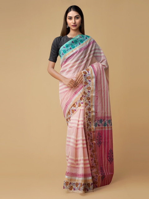 

Unnati Silks Cream-Coloured & Pink Pure Cotton Striped Mangalagiri Saree