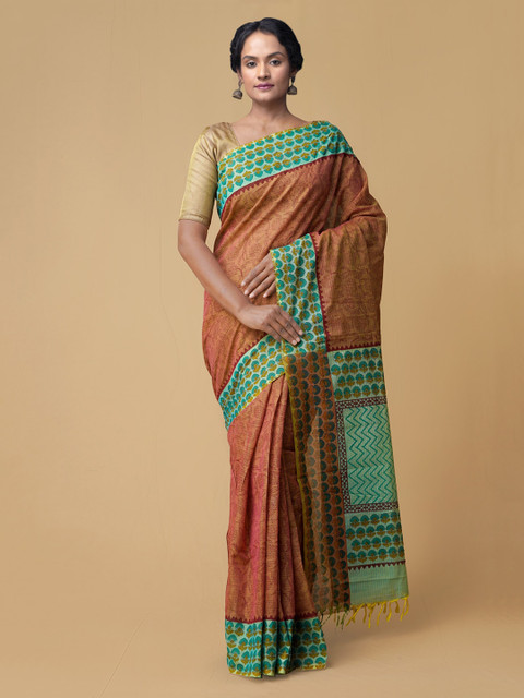 

Unnati Silks Green & Brown Pure Cotton Printed Mangalagiri Saree