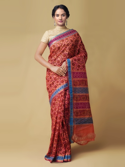 

Unnati Silks Orange Pure Cotton Printed Mangalagiri Sustainable Saree