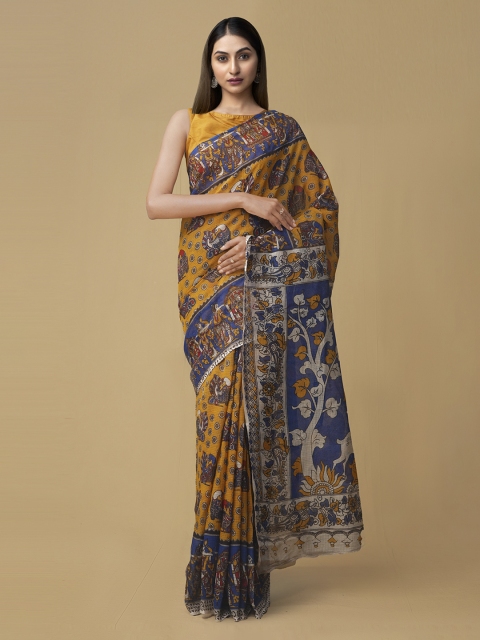 

Unnati Silks Yellow & Navy Blue Pure Cotton Printed Kota Saree