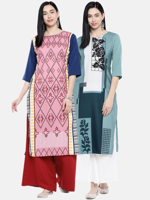 

7Threads Women Pack of 2 Multicoloured Printed Straight Kurtas, Multi