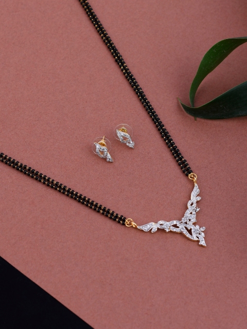 

Silvermerc Designs Gold-Plated Black & White AD-Studded Beaded Mangalsutra With Earrings