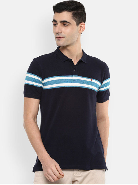 

Louis Philippe Sport Men Navy Blue Striped Polo Collar T-shirt